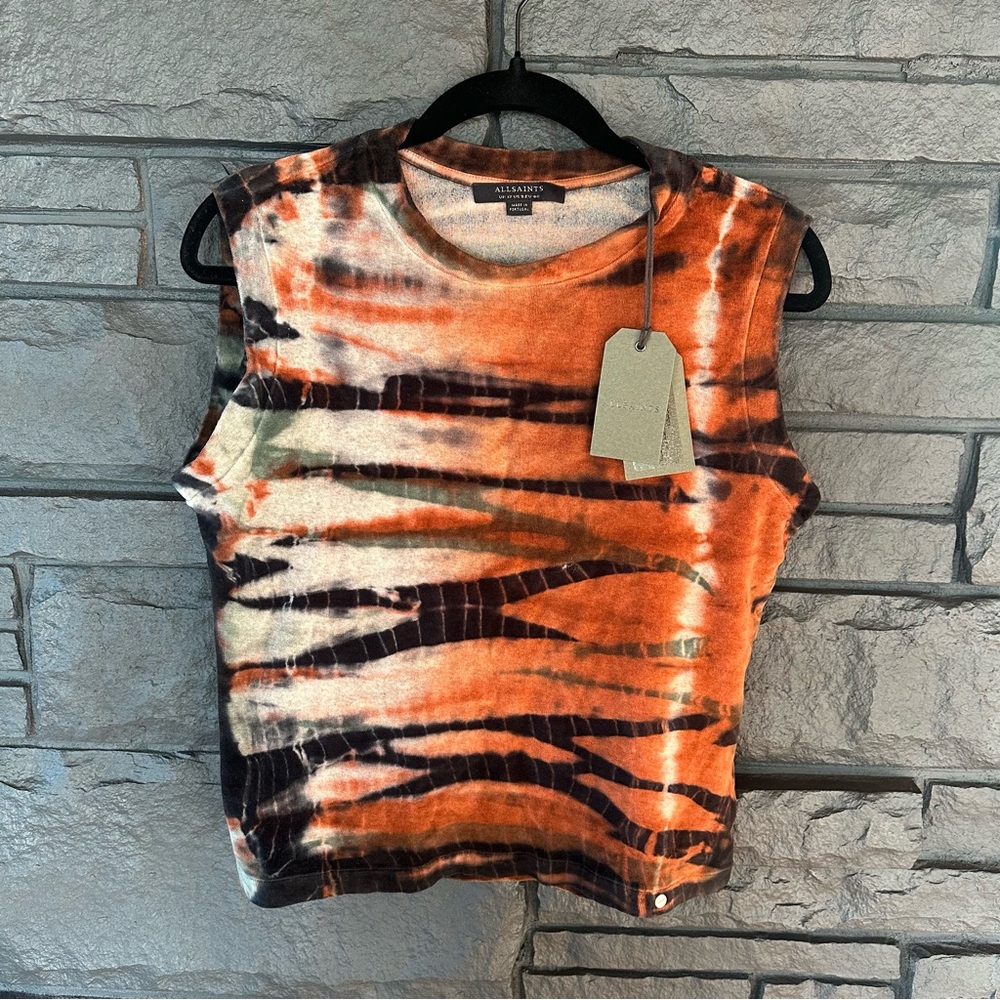 All Saints Vibrant Velvet Orange and Deep Purple Tie-Dye Muscle Tee